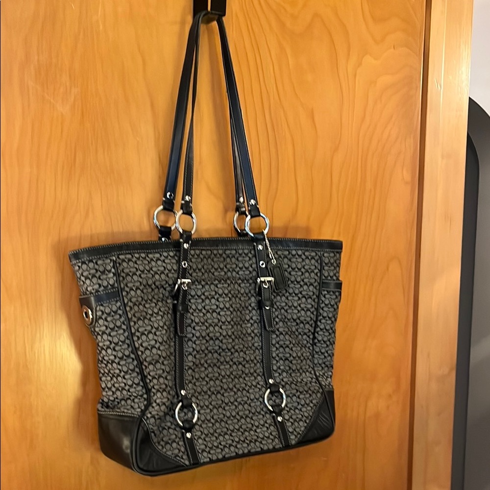 Coach Black and Gray Signature Tote Bag with Leather Trim